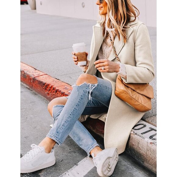 Women's Beige Winter Wool Coat Casual Notch Lapel Single-Breasted Peacoat - Picture 3 of 6